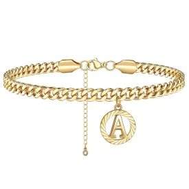 14K Gold Plated Cuban Link Anklets with Initial Pendant