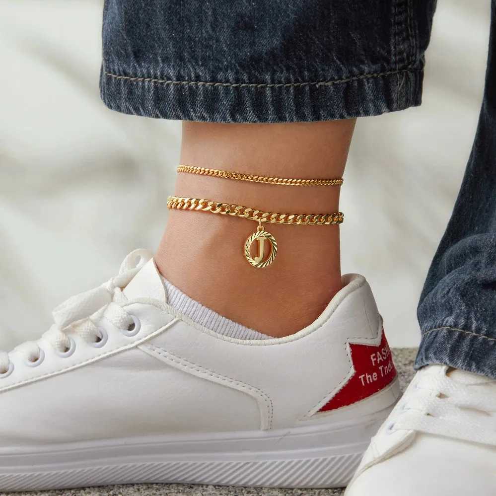 14K Gold Plated Cuban Link Anklets with Initial Pendant