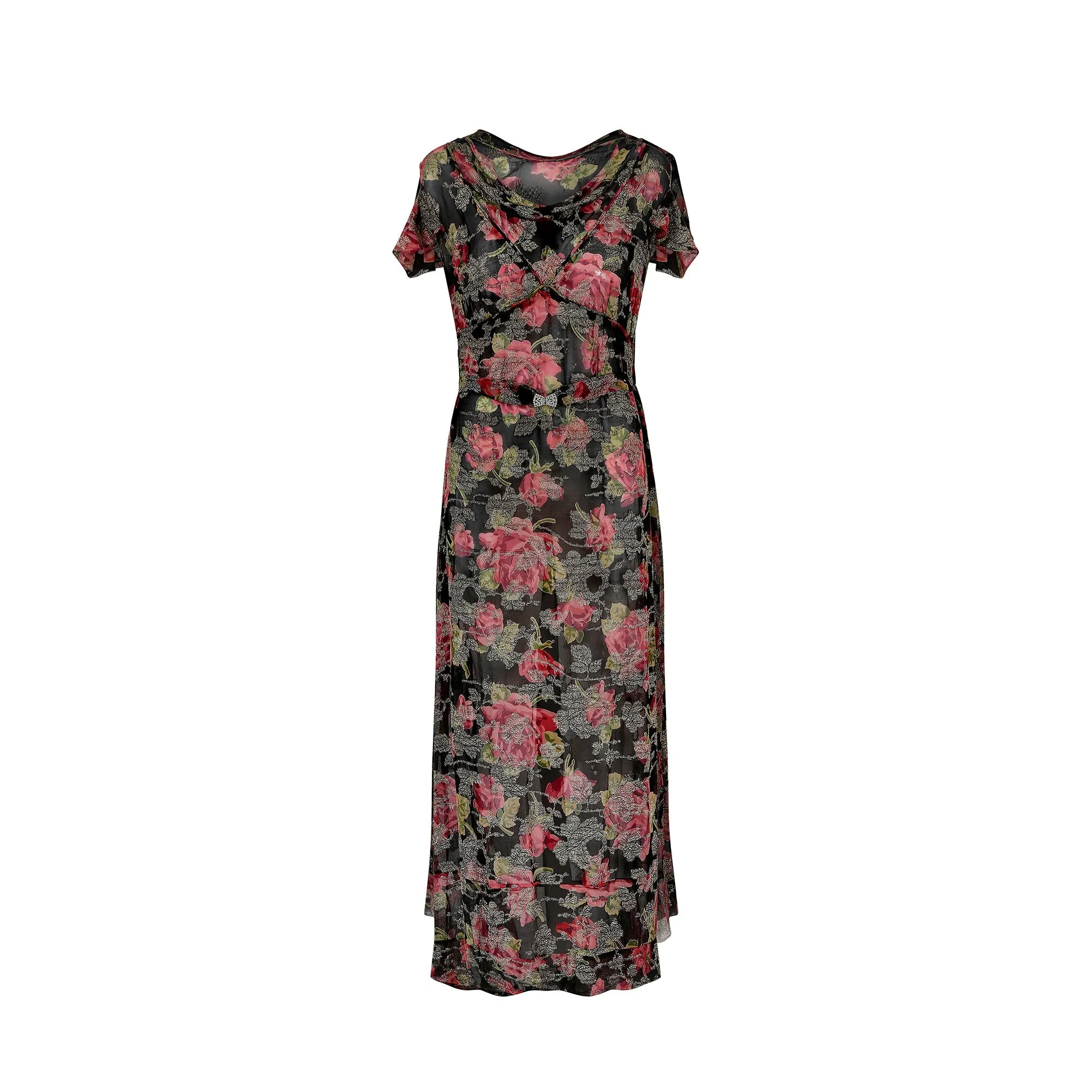 1930s Chiffon and Lame Rose Print Dress