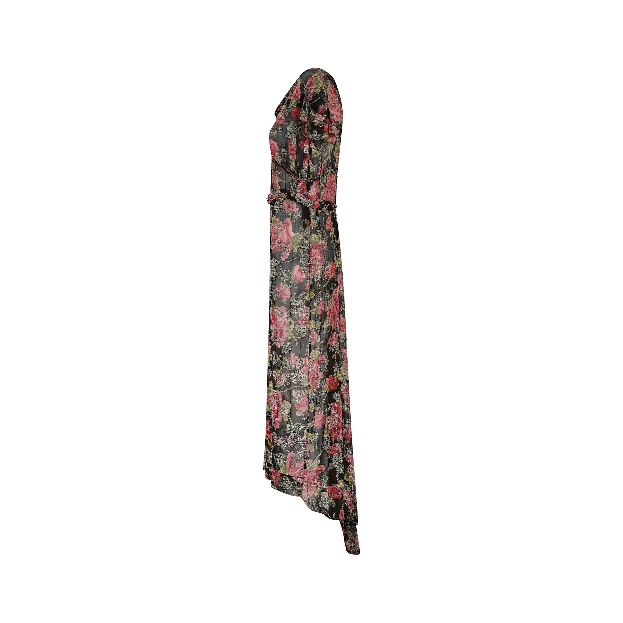 1930s Chiffon and Lame Rose Print Dress