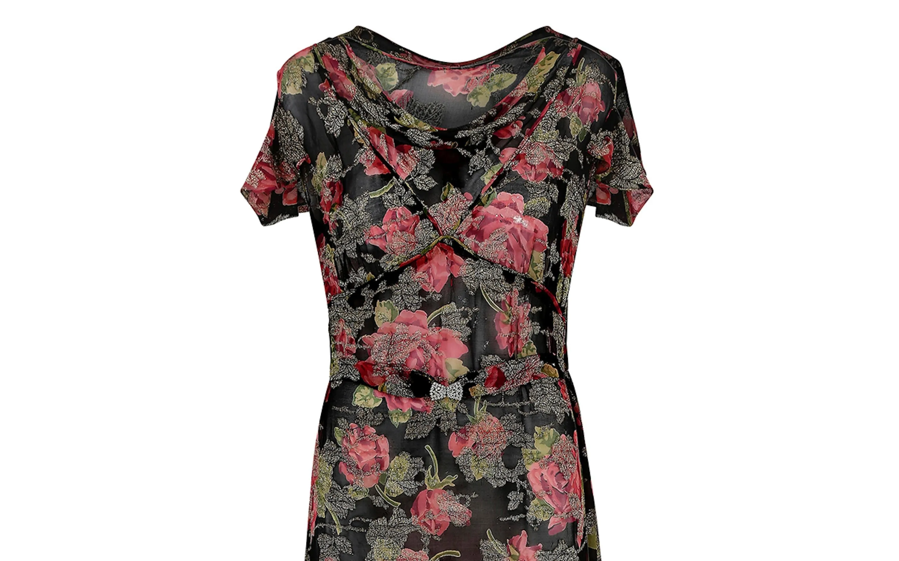 1930s Chiffon and Lame Rose Print Dress