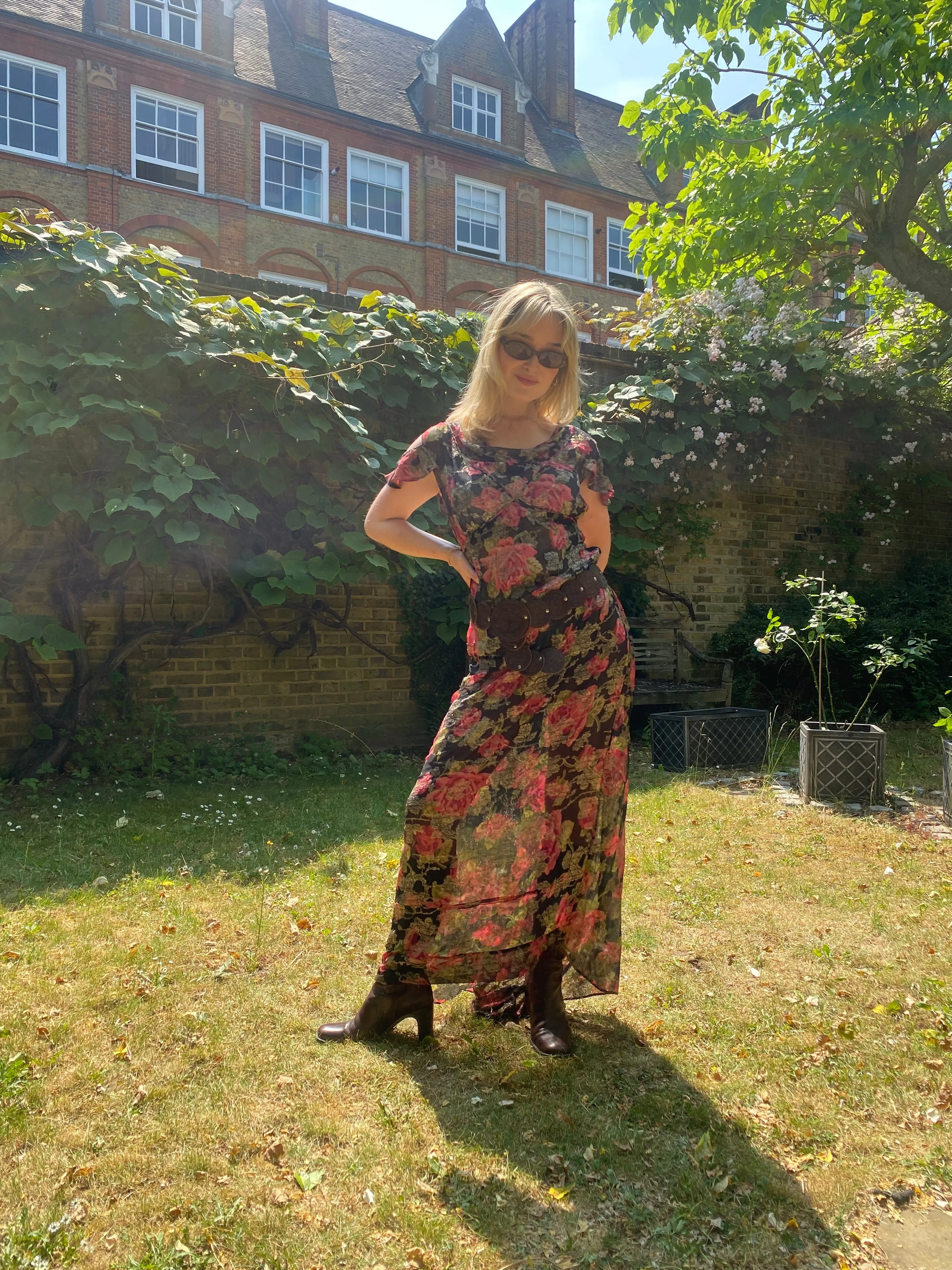 1930s Chiffon and Lame Rose Print Dress