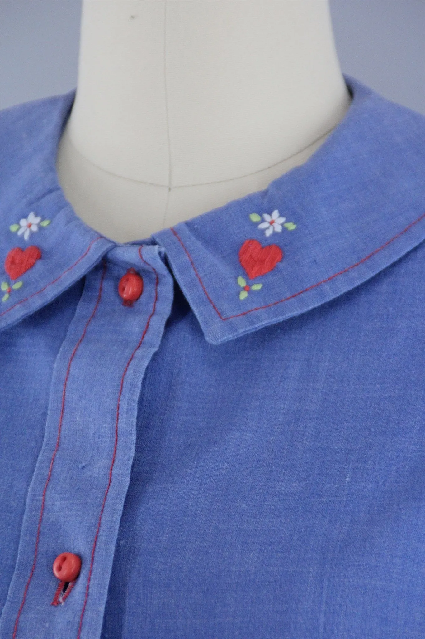 1970s Vintage Chambray Denim Embroidered Hearts Dress