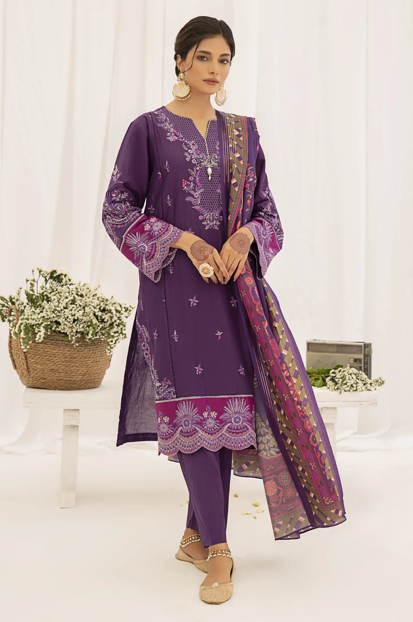 3PC Unstitched Embroidered Printed