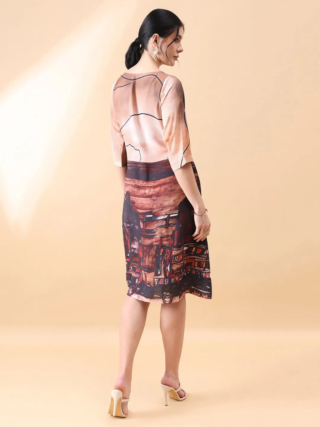 A-Line printed dress- Brown