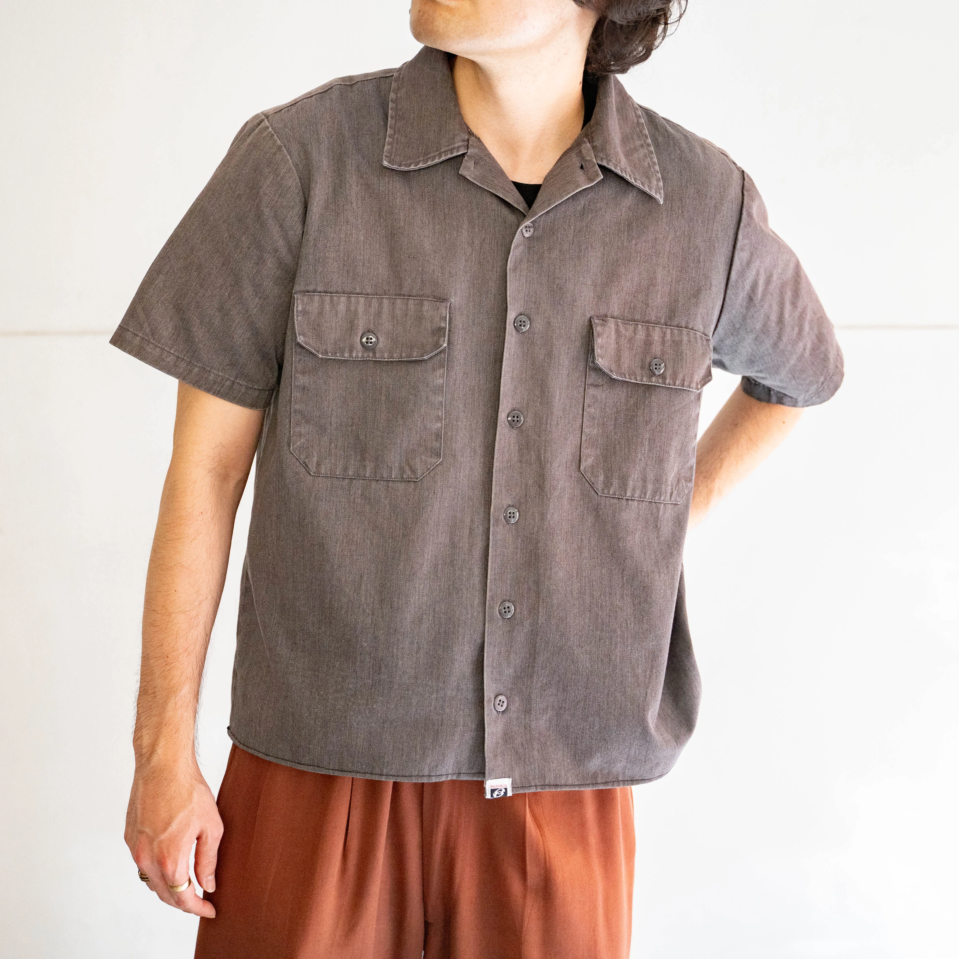 around 1990s faded gray color open collar short sleeve work shirt 'remake'