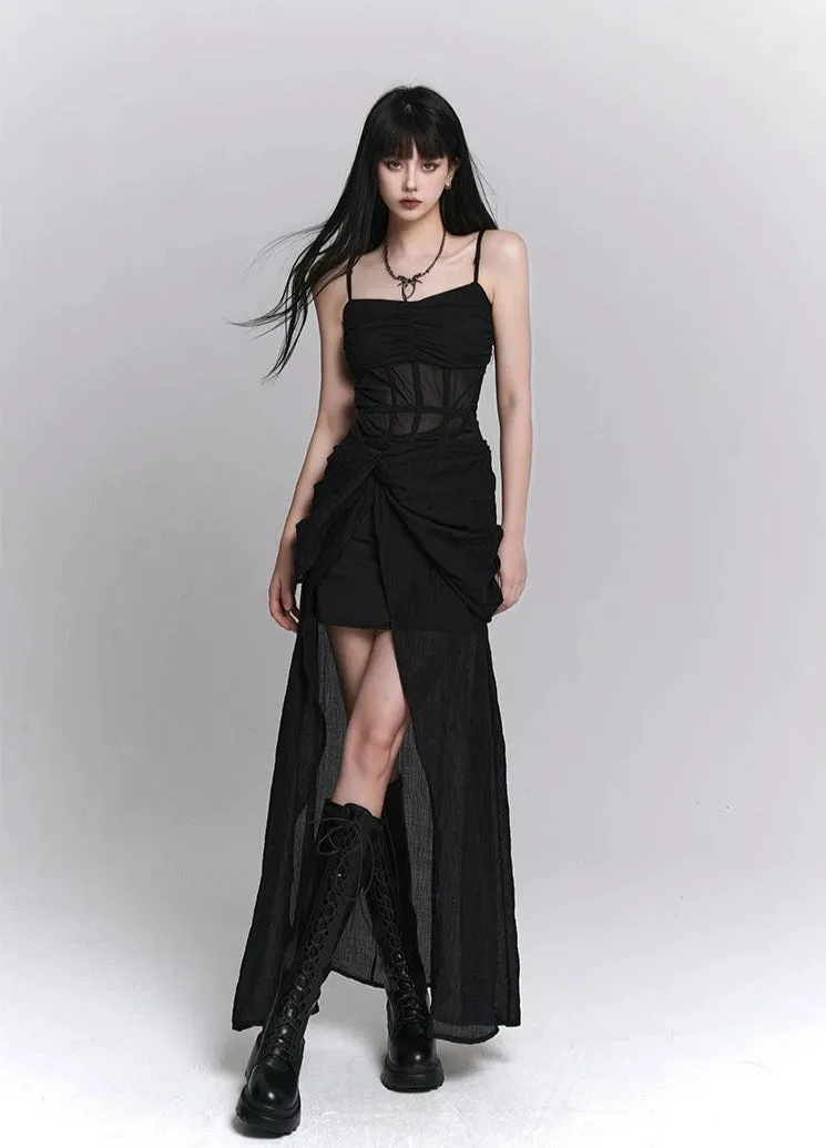 Asymmetrical Mesh Panel Sleeveless Maxi Dress