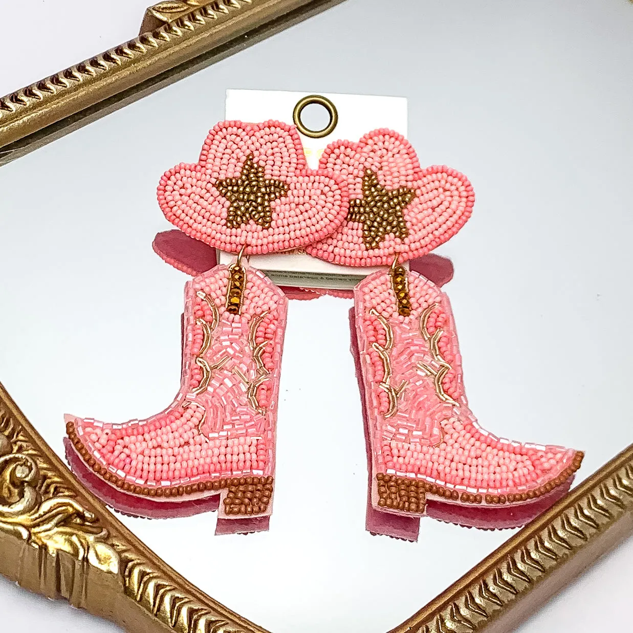 Beaded Cowboy Hat and Boot Earrings with Gold Star in Pink