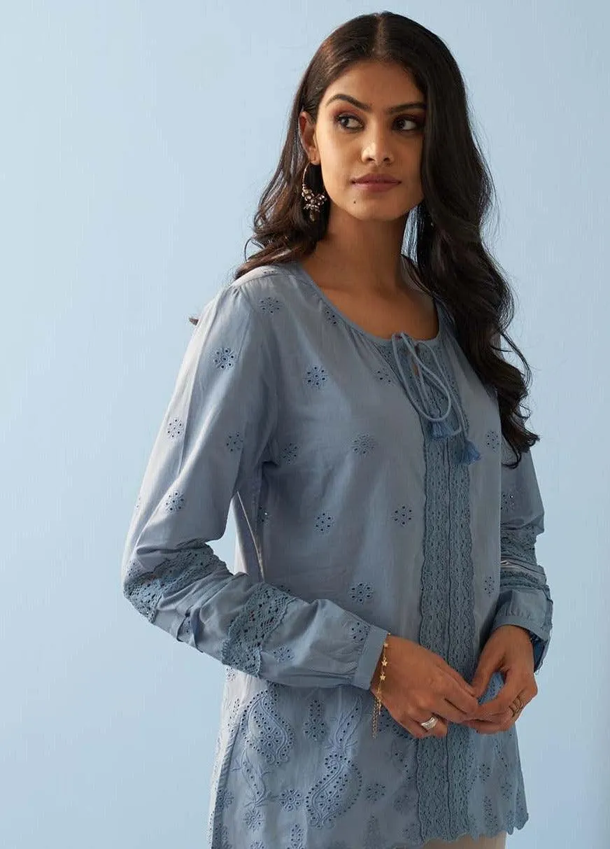 Blue Schiffli Embroidered Tunic with Lace Insert