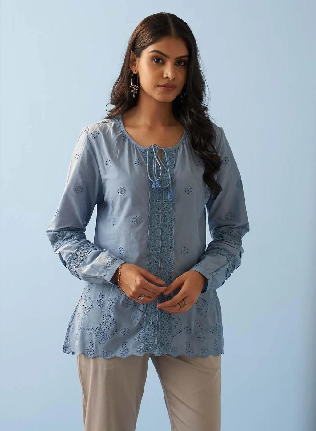 Blue Schiffli Embroidered Tunic with Lace Insert