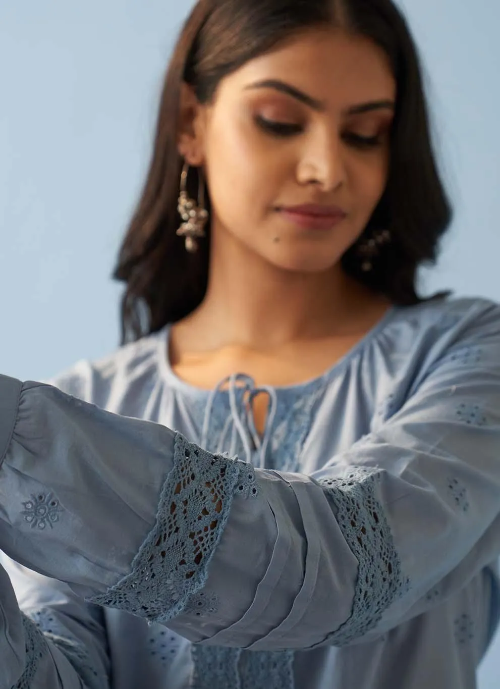 Blue Schiffli Embroidered Tunic with Lace Insert