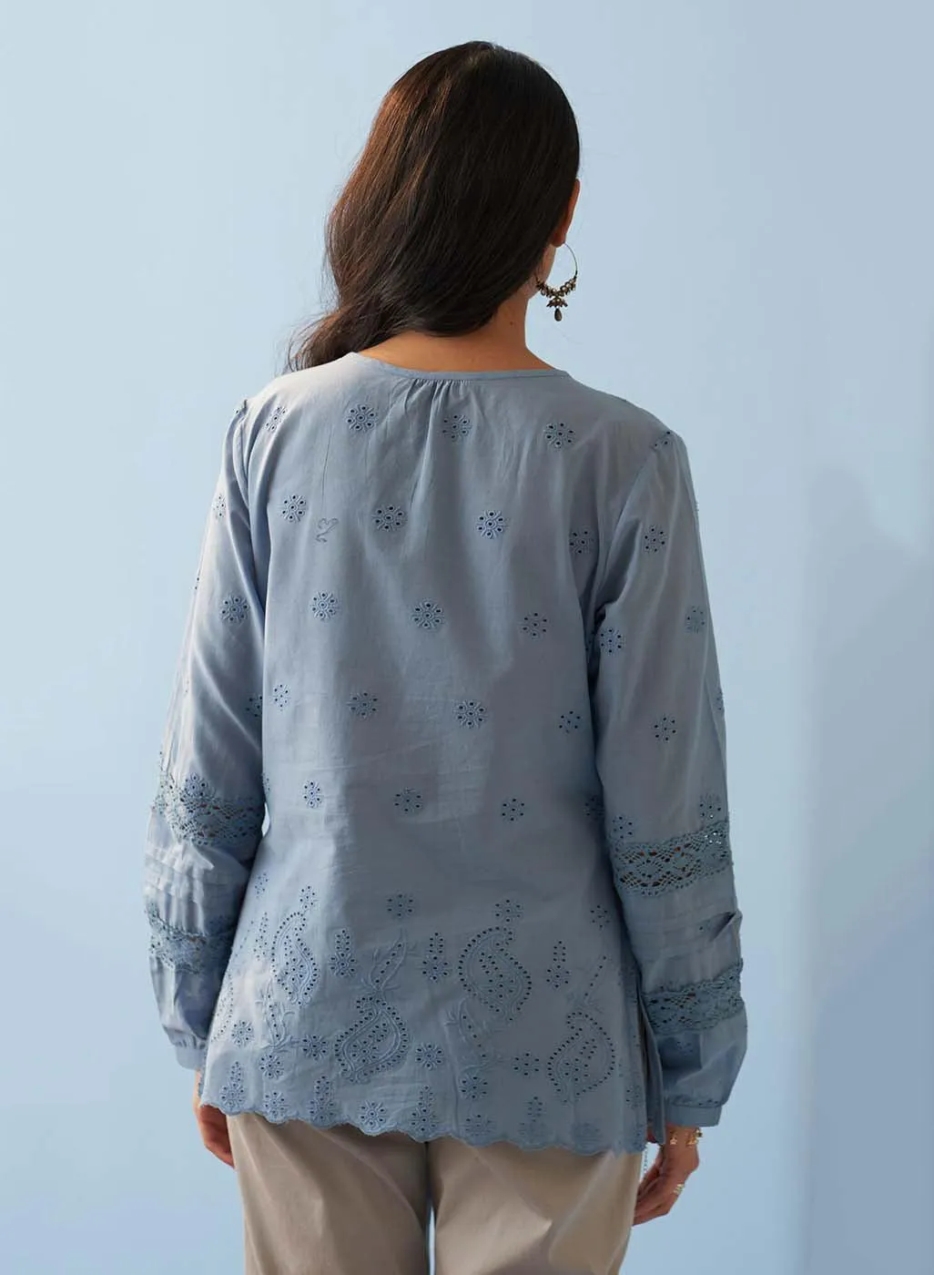 Blue Schiffli Embroidered Tunic with Lace Insert