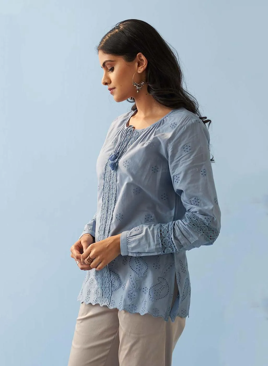 Blue Schiffli Embroidered Tunic with Lace Insert