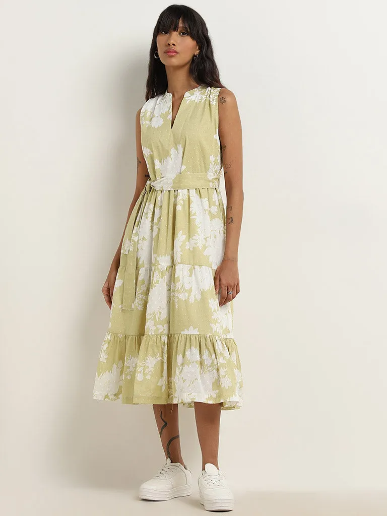 Bombay Paisley Sage Floral Printed Tiered Dress with Belt