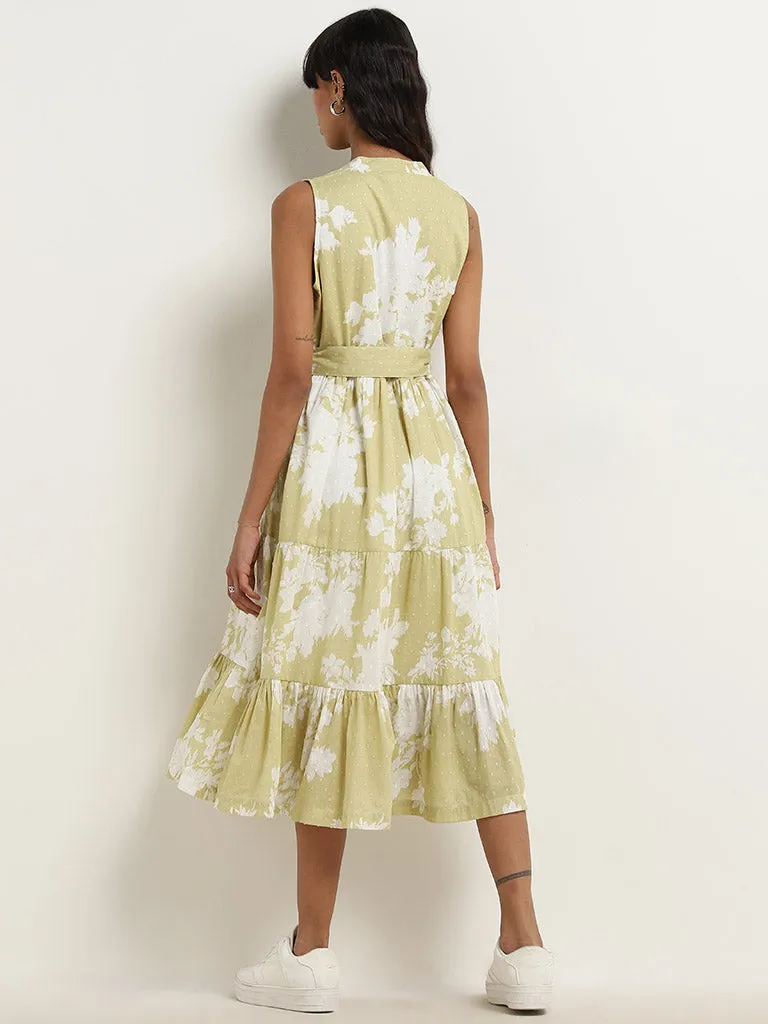 Bombay Paisley Sage Floral Printed Tiered Dress with Belt