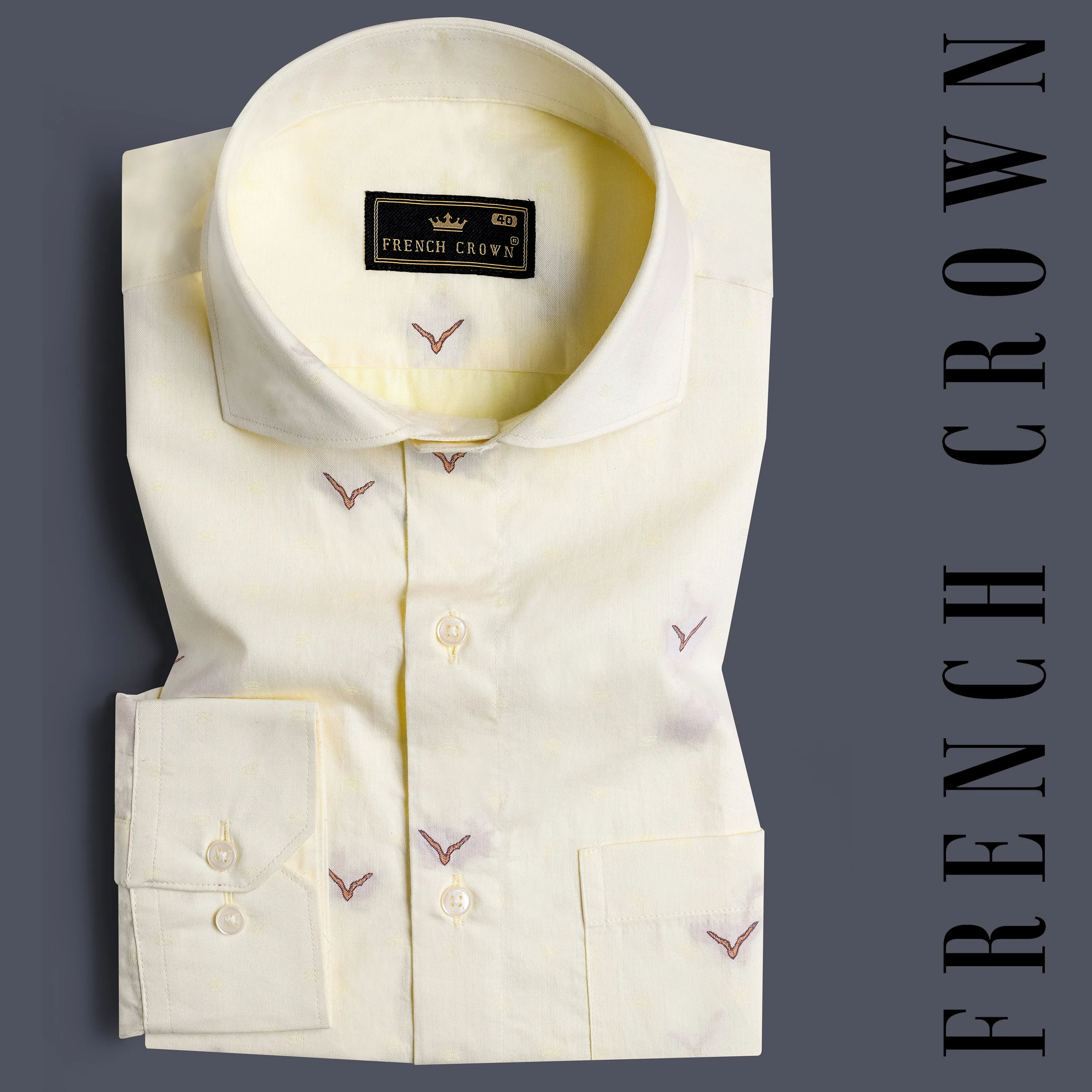 Bone Beige Birds Printed Jacquard Textured Premium Giza Cotton Shirt