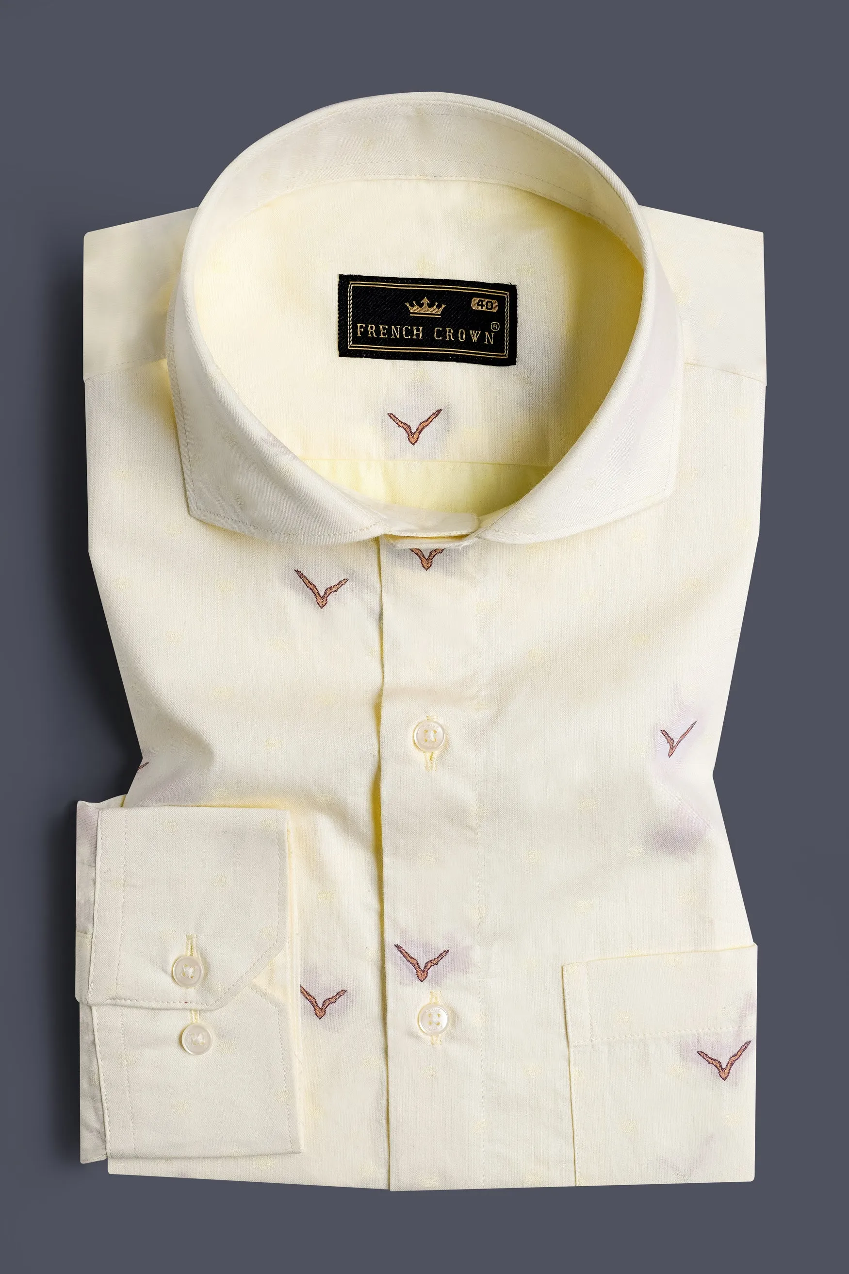 Bone Beige Birds Printed Jacquard Textured Premium Giza Cotton Shirt