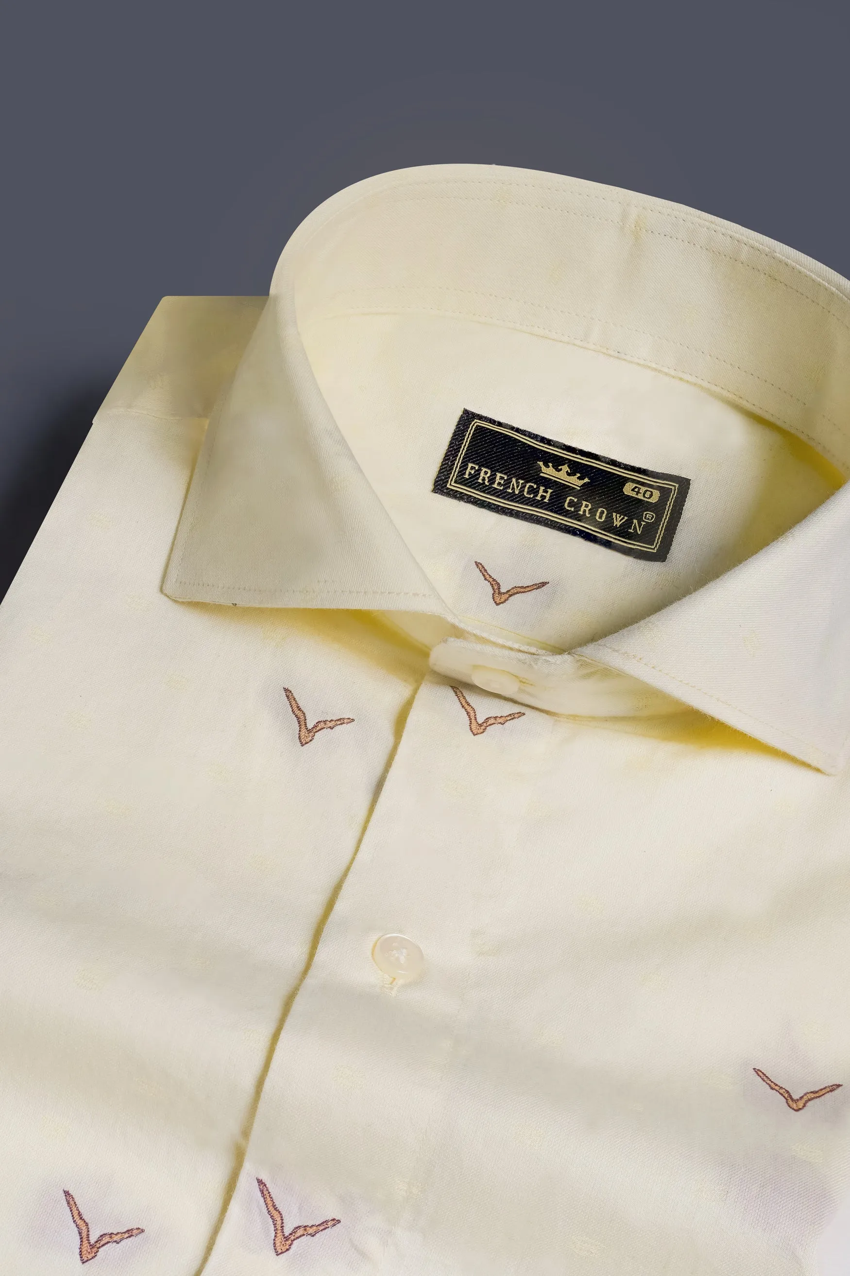 Bone Beige Birds Printed Jacquard Textured Premium Giza Cotton Shirt