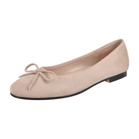 Bow Round Toe Suede Natural Ballet Flats