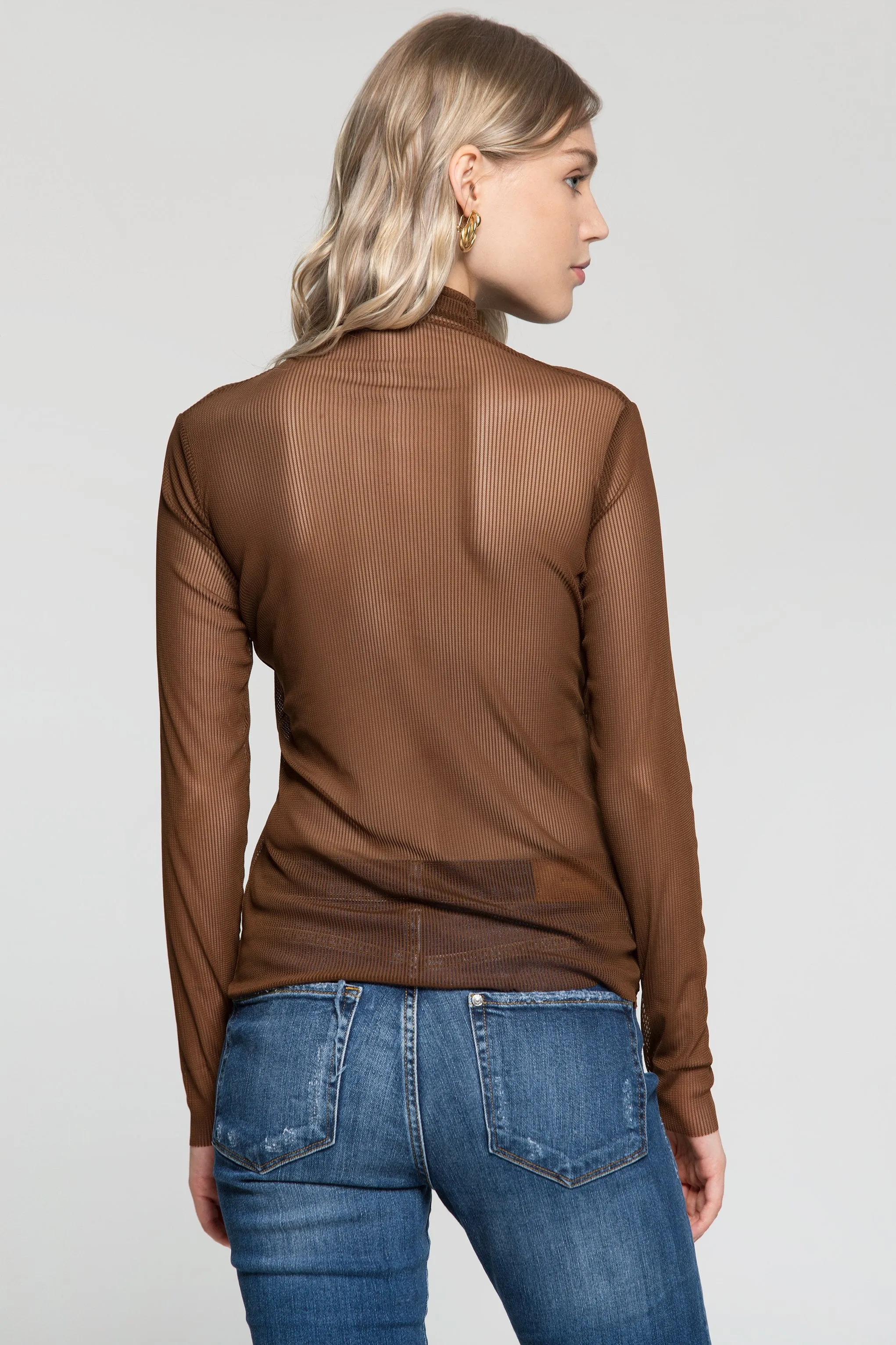 Brown Sheer Turtle Neck Ribbed Top