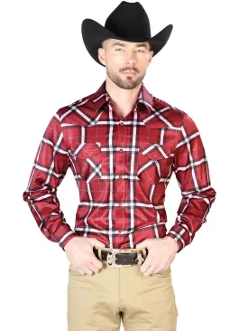 Camisa Vaquera Manga Larga de Broches Estampada Cuadros Burgandy/Gris para Hombre 'El Señor de los Cielos' - ID: 43962