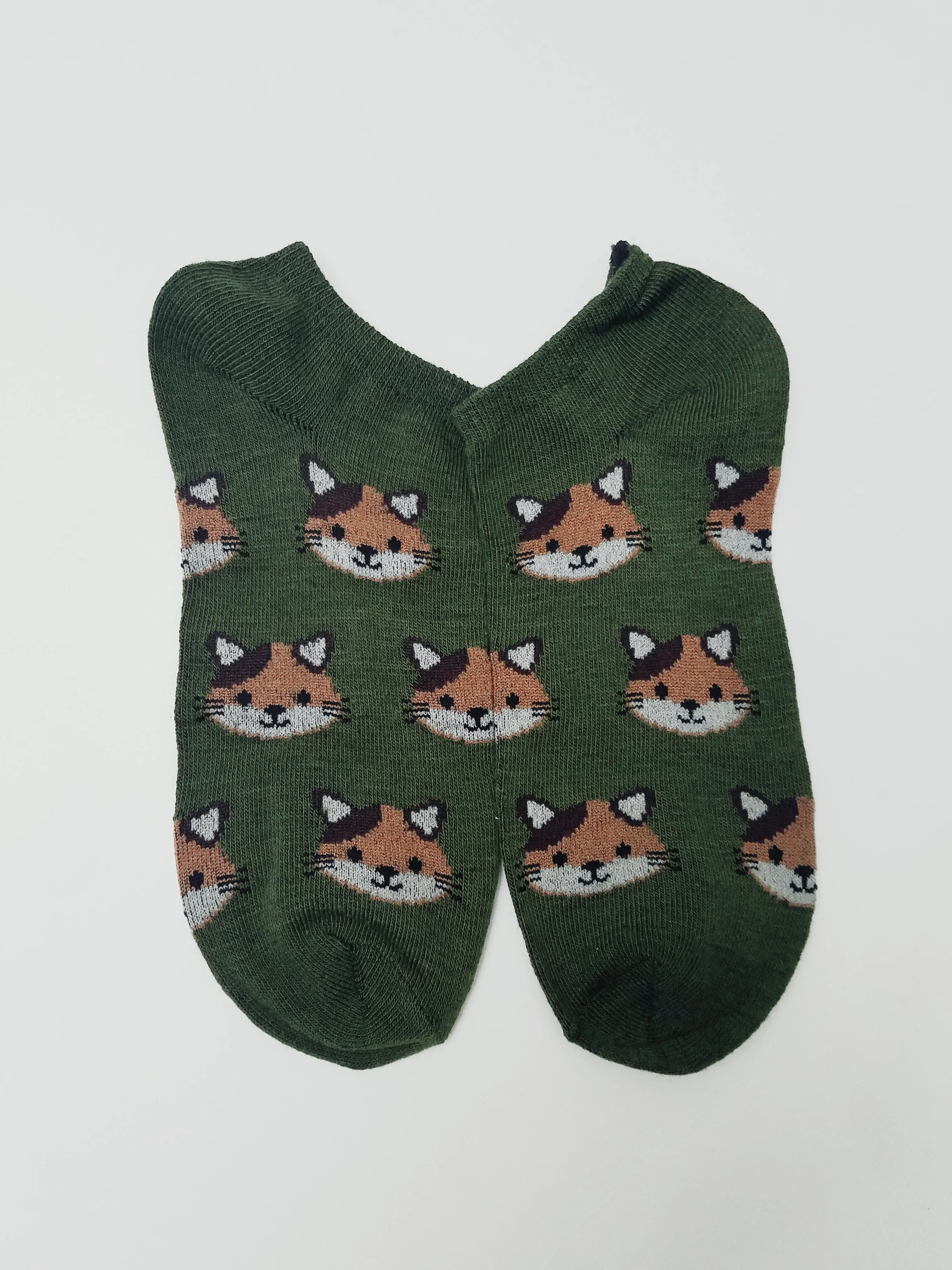 Cat Head Green Ankle Socks