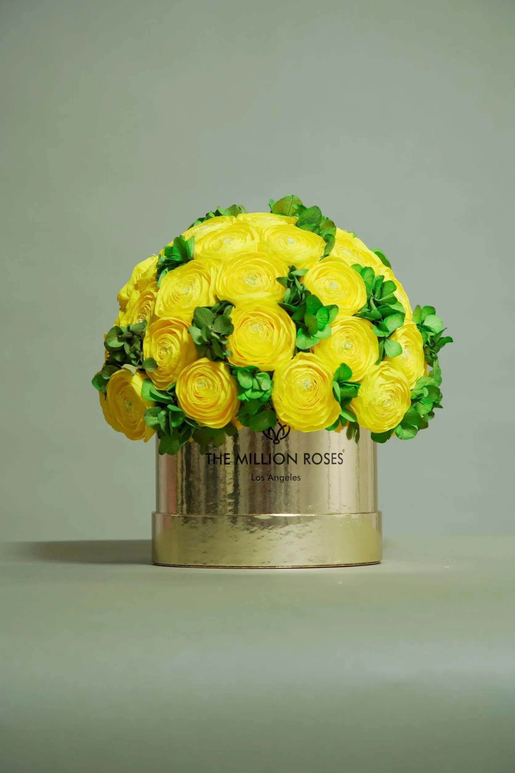 Classic Light Pink Suede Box | Yellow Persian Buttercups & Green Hydrangeas