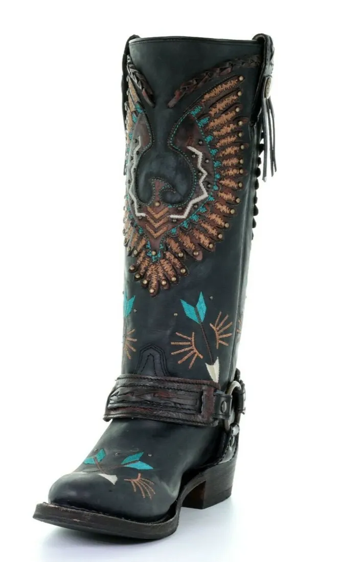 Corral Womens Black Genuine Leather Eagle Harness Boots - Stylish Western Riding Footwear