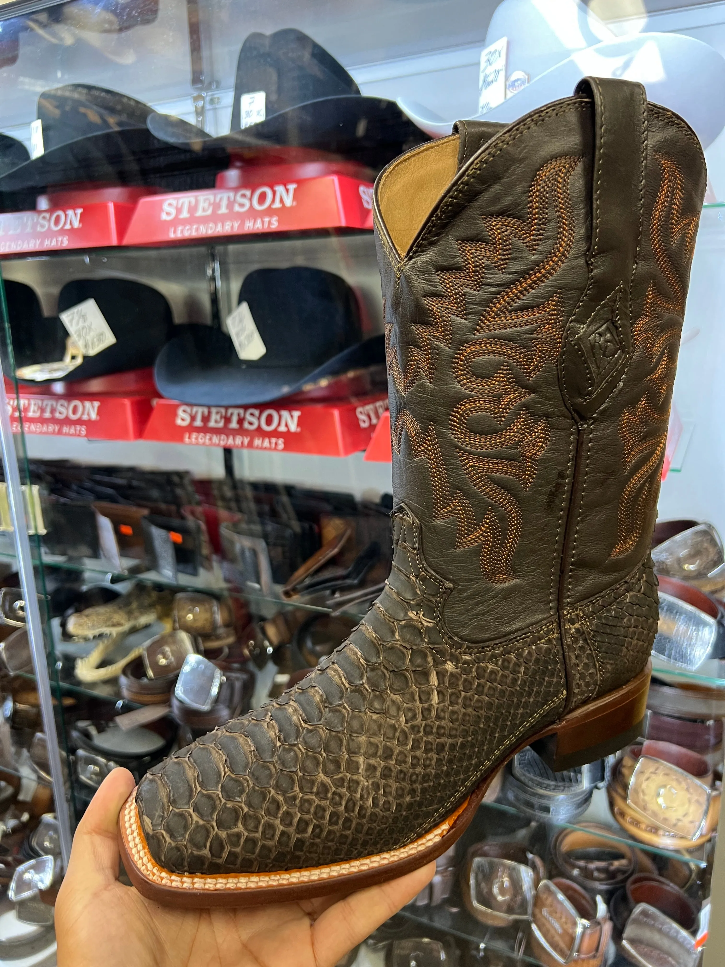 Dark Brown Finish Python Wide Square Toe Cowboy Boots