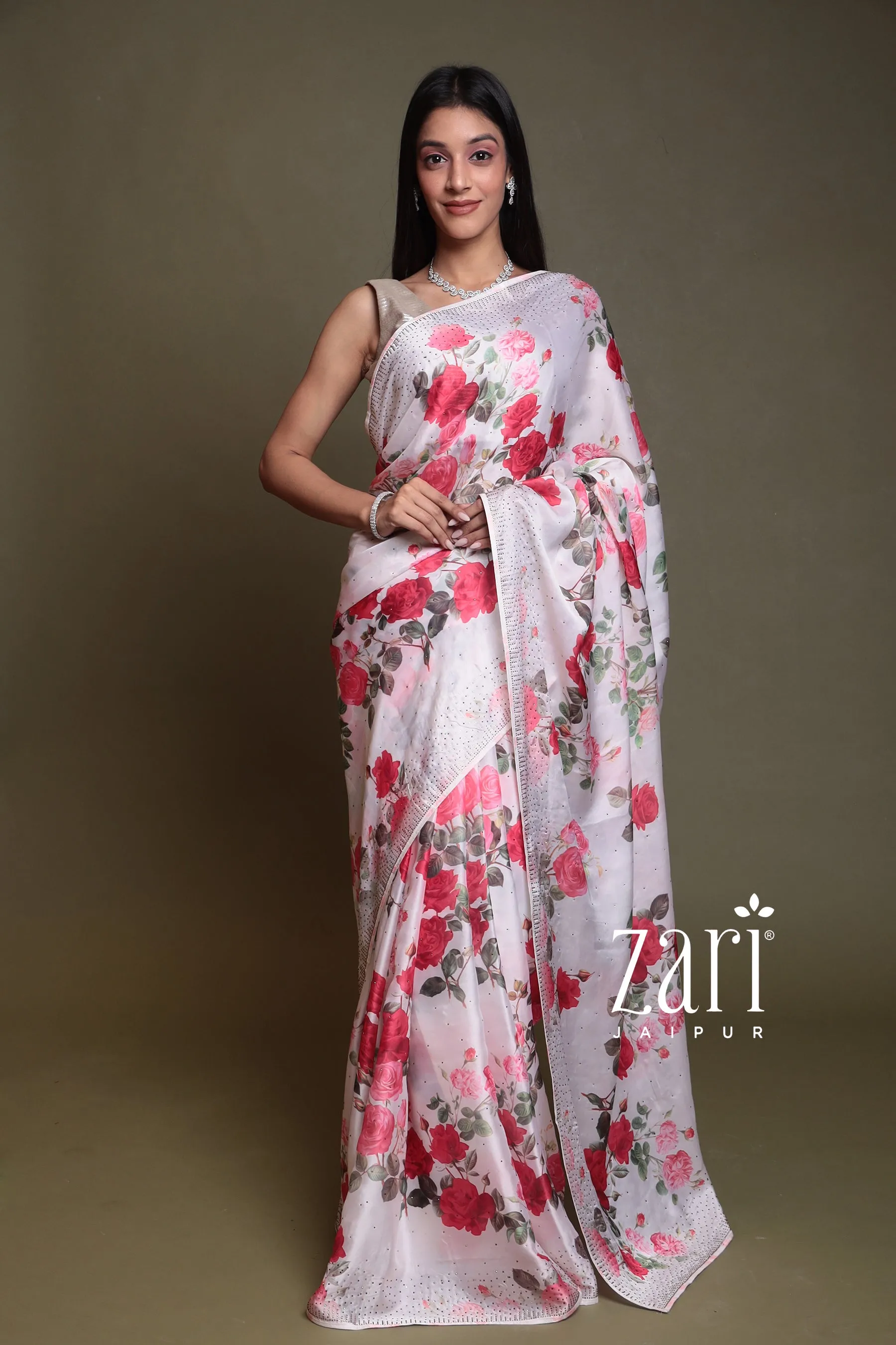 Digital Print Satin Saree with Swarovski work.