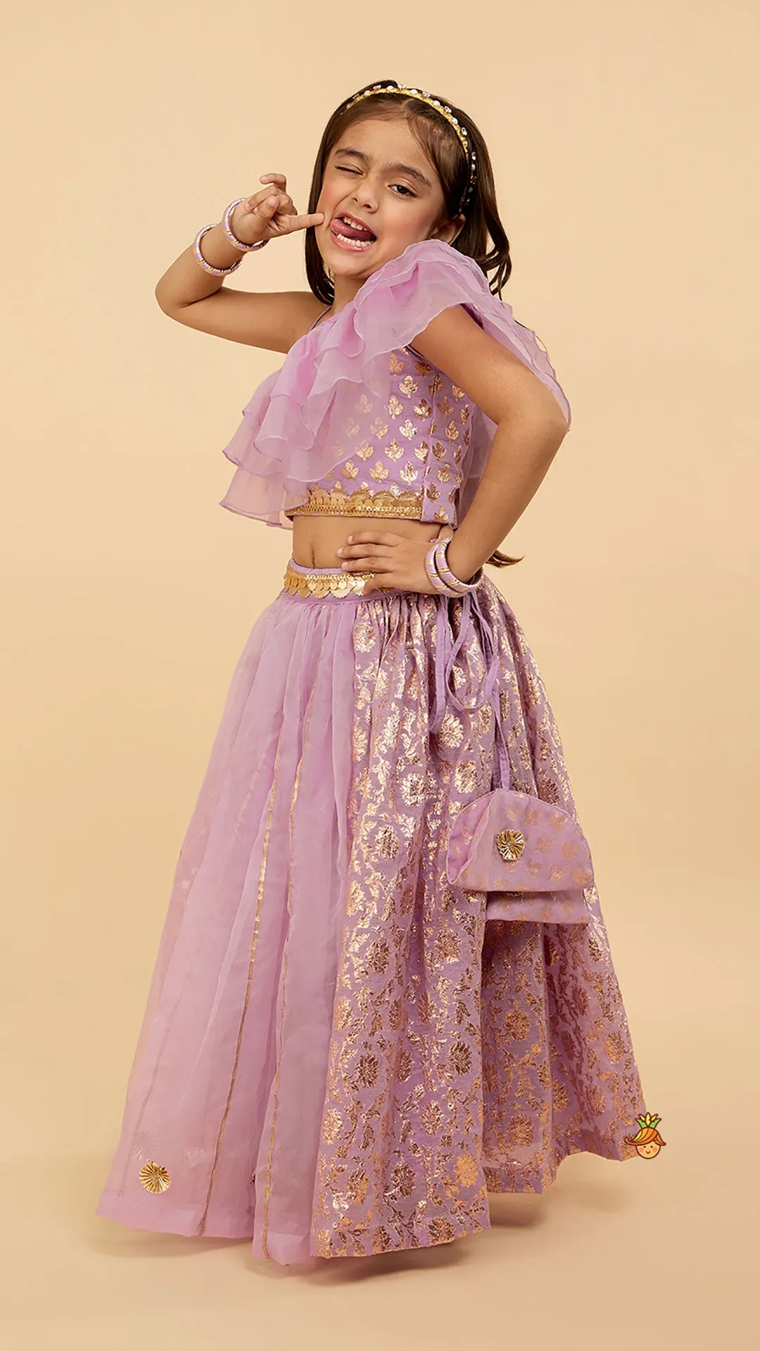 Elegant Pastel Purple Embroidered One Shoulder Top With Lehenga And Gota Lace Detail Dupatta