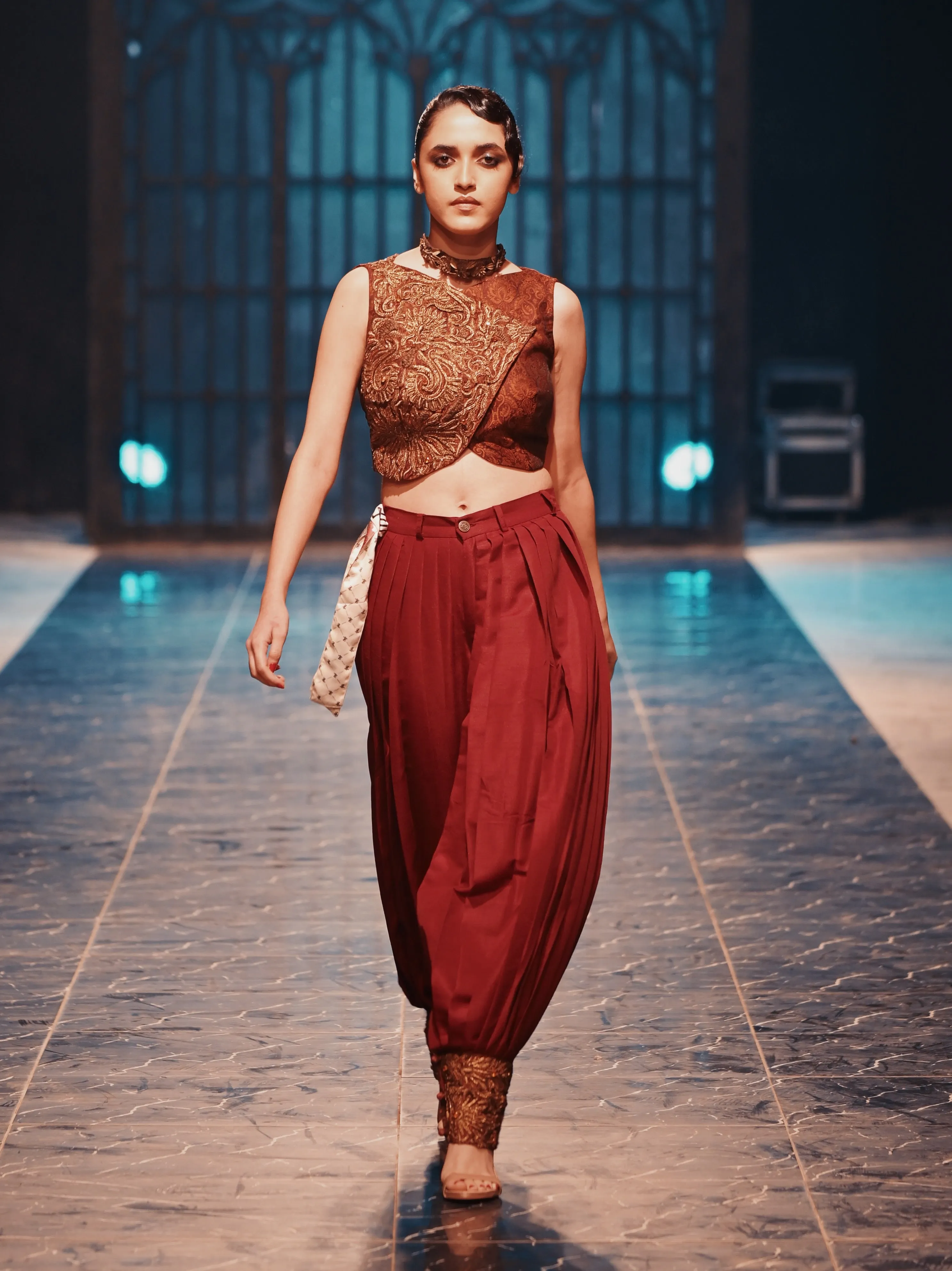 Embroidered Maroon Cropped Waistcoat with Pleated Pants