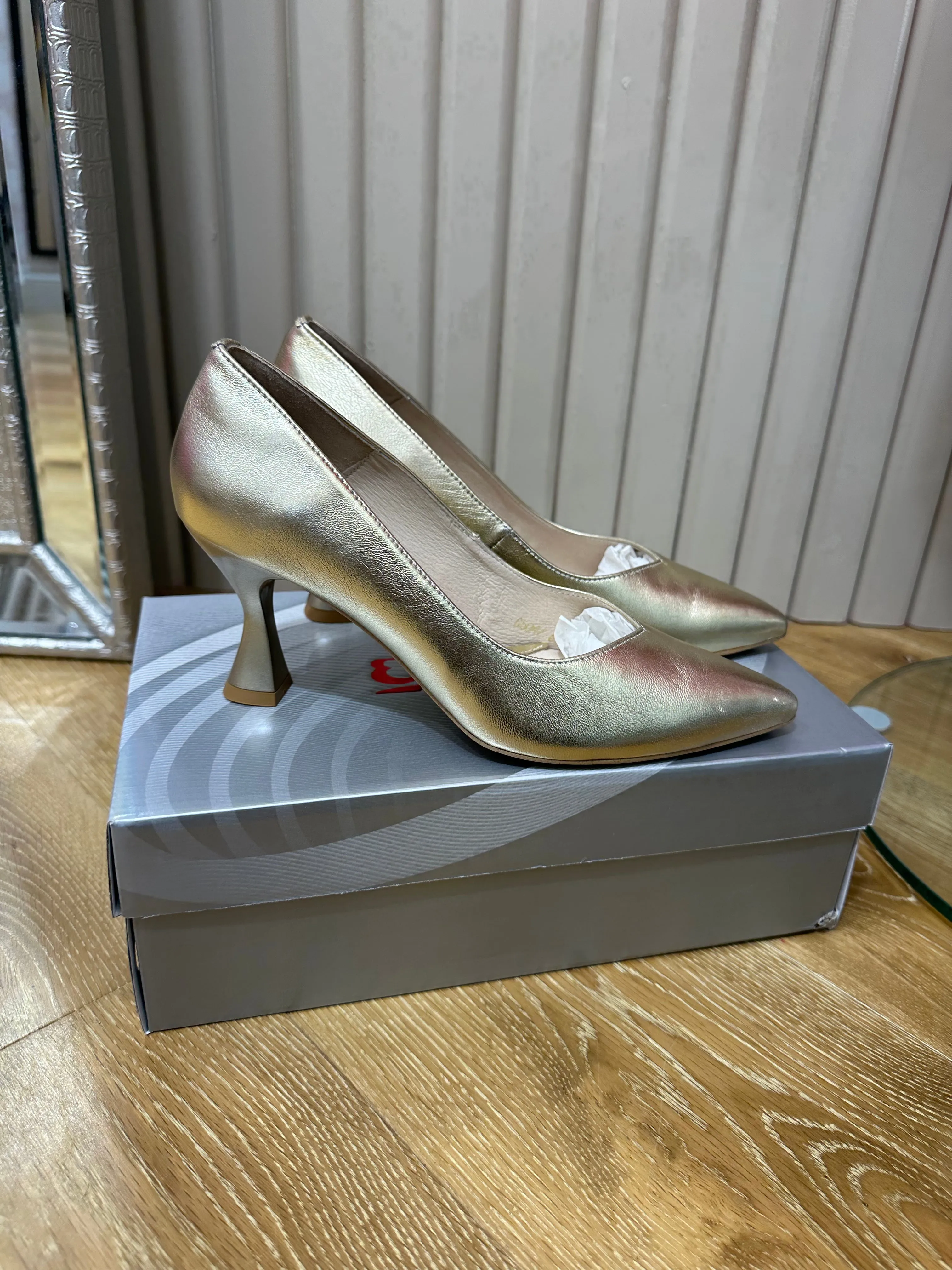 Emis Gold Low Heel Court Shoe