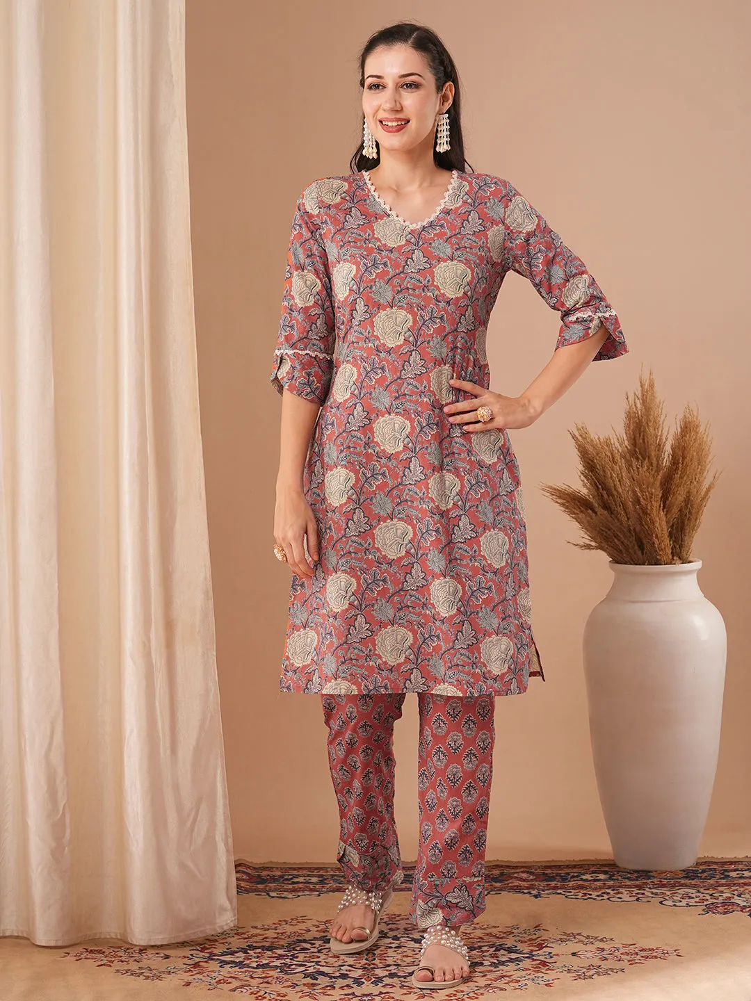 Ethnic Floral Printed Straight Fit Kurta with Palazzo - Coral