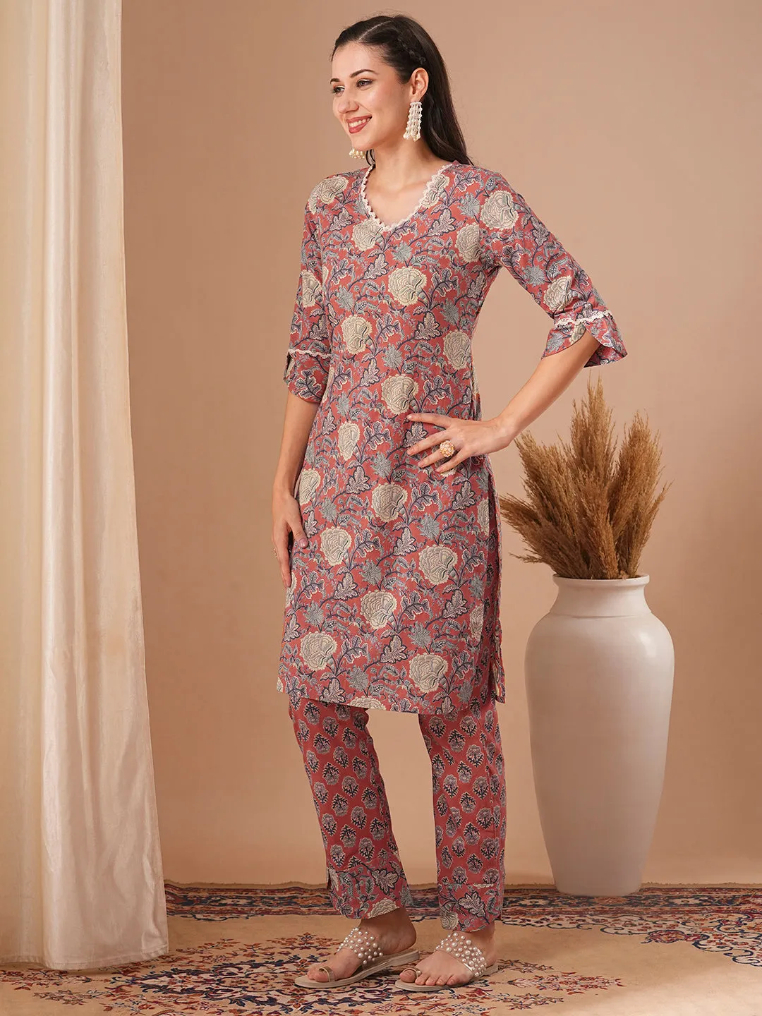 Ethnic Floral Printed Straight Fit Kurta with Palazzo - Coral