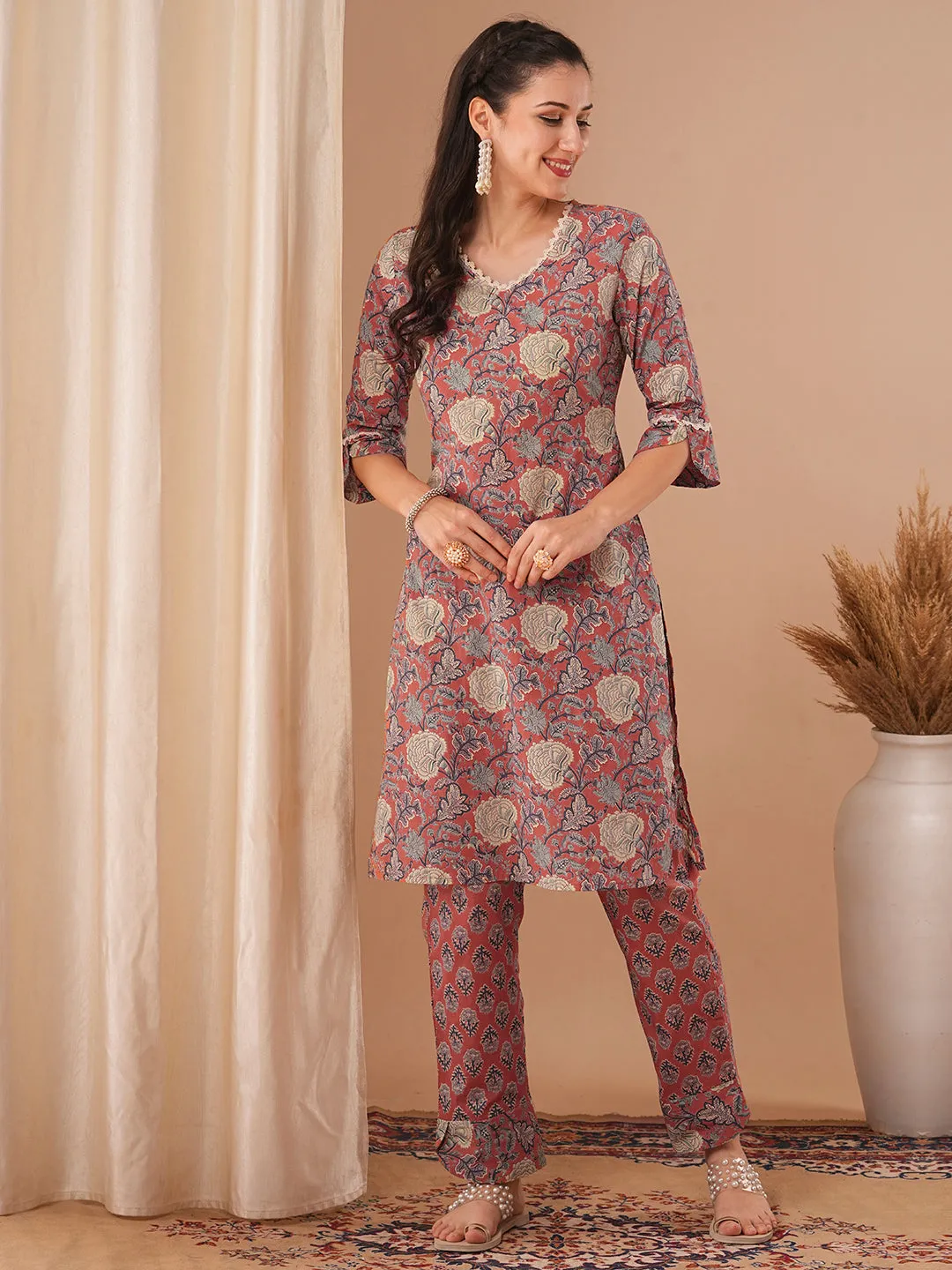 Ethnic Floral Printed Straight Fit Kurta with Palazzo - Coral