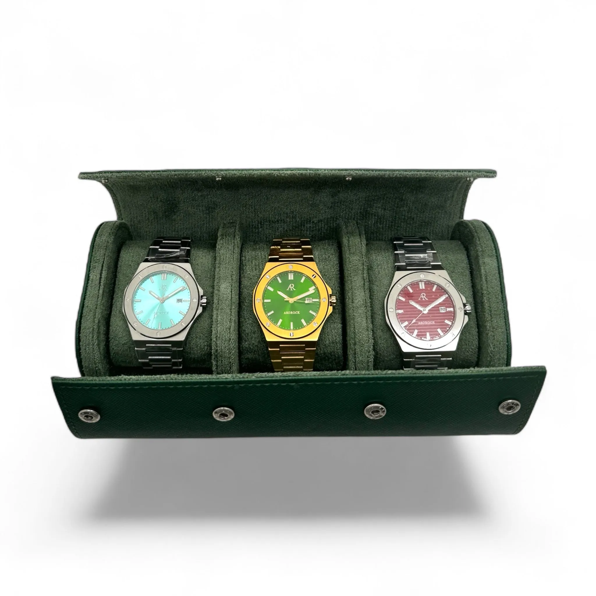 Green saffiano leather 3 watch holder case