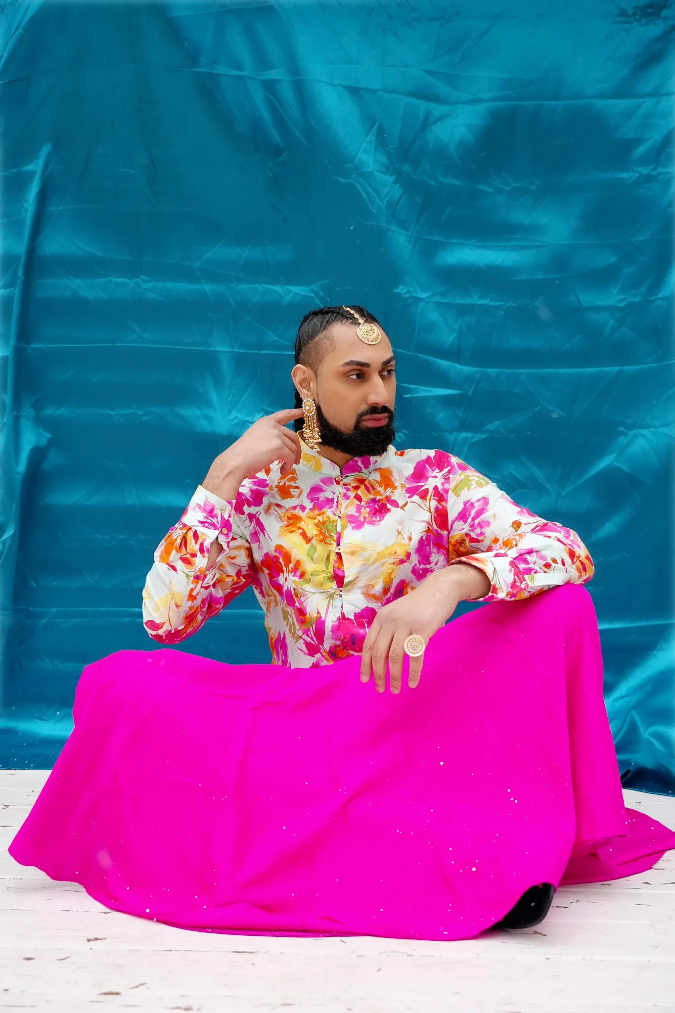 GULREZ Aqua Fuchsia Floral Kurta