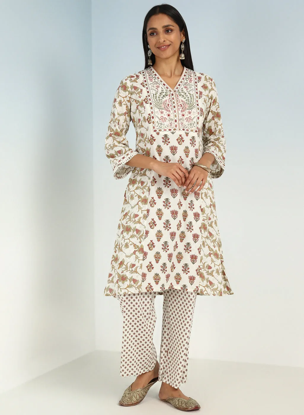 Ivory Modal Printed Kurta Set with side Paneled Design