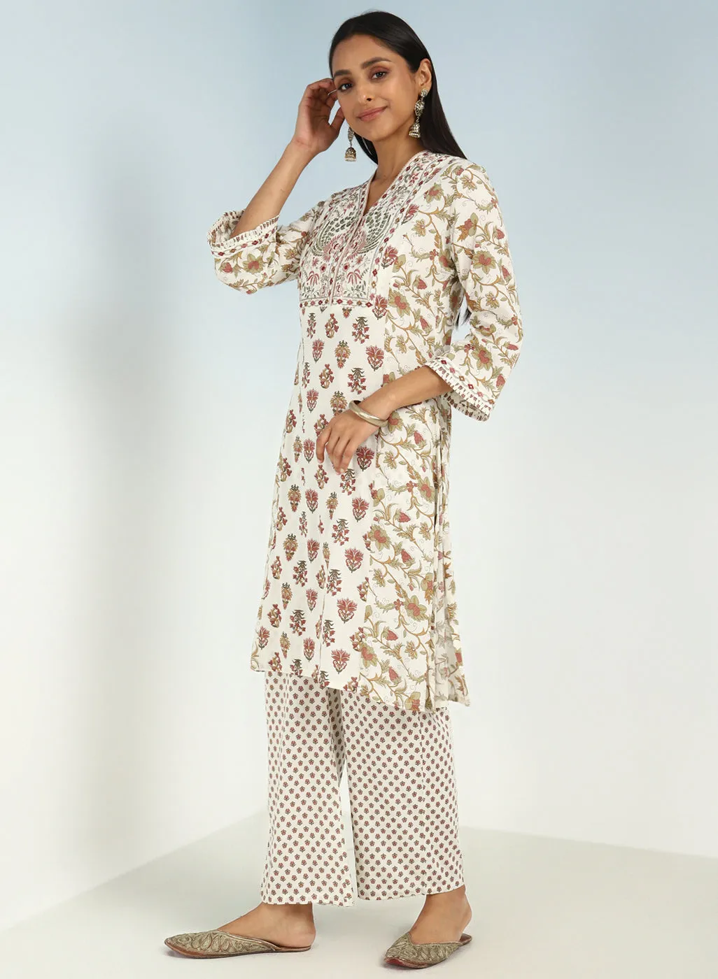 Ivory Modal Printed Kurta Set with side Paneled Design