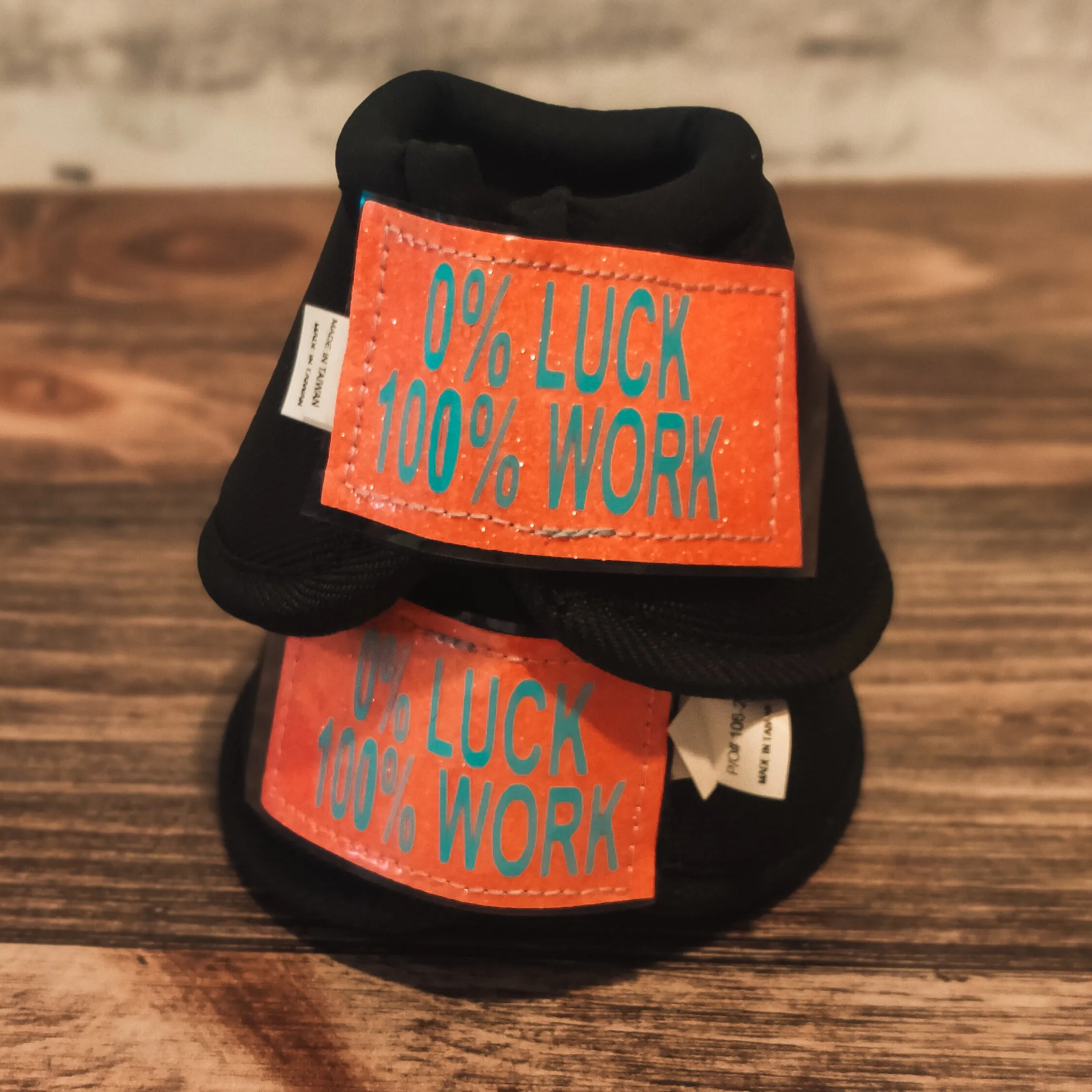 Medium "0% Luck 100% Work" Black Iconoclast Bells w/ Coral Glitter