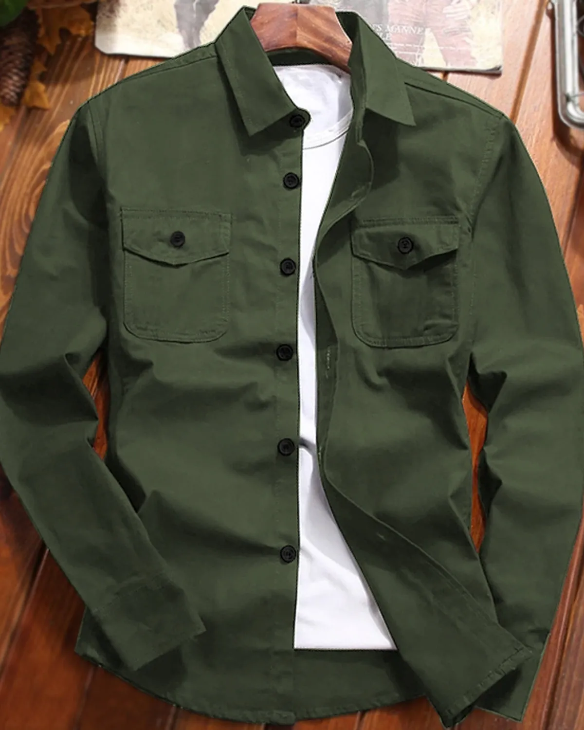 Men Double Pocket Olive Green Full Hand Shirt