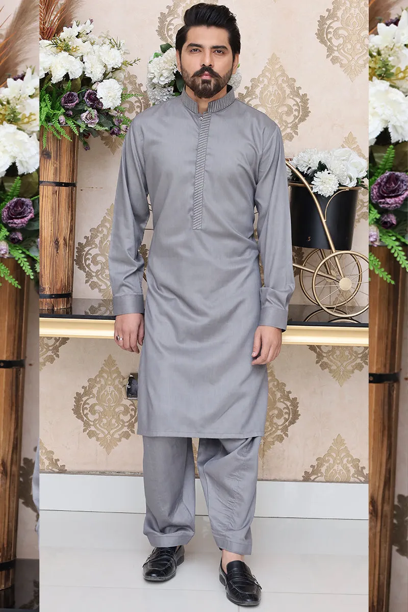 Men Premium Embroidered Kameez Shalwar Silver