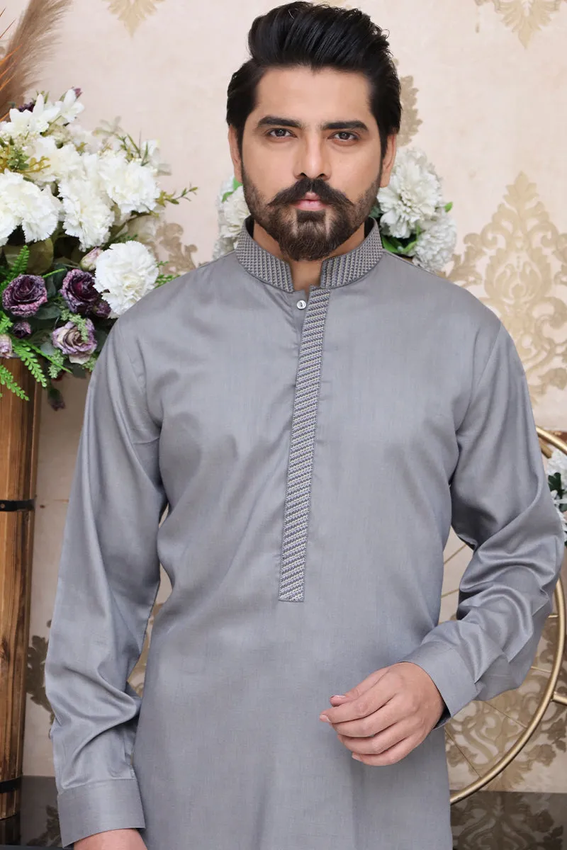 Men Premium Embroidered Kameez Shalwar Silver