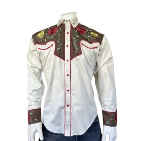 Men's 2-Tone Brown & Tan Floral Embroidery Western Shirt