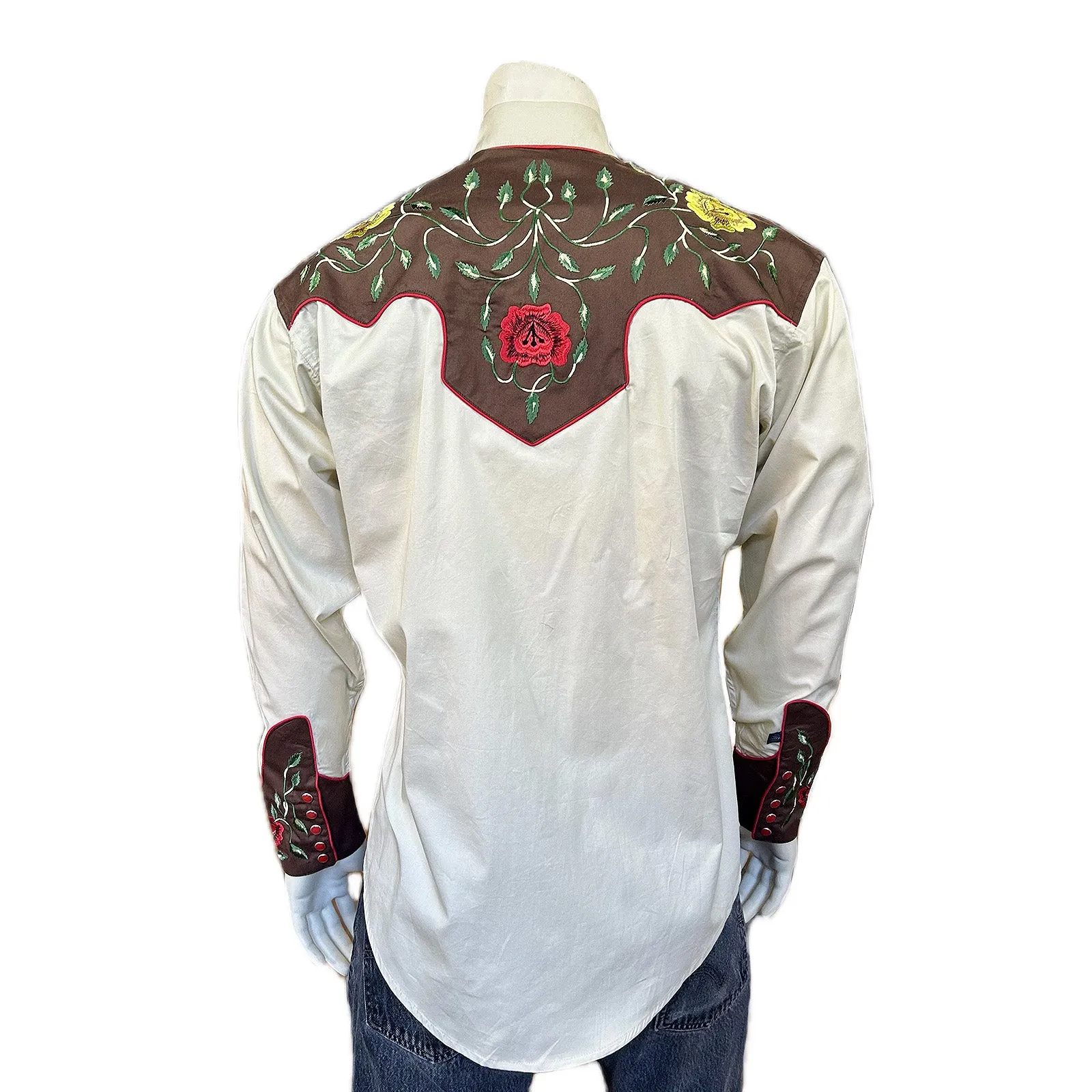 Men's 2-Tone Brown & Tan Floral Embroidery Western Shirt