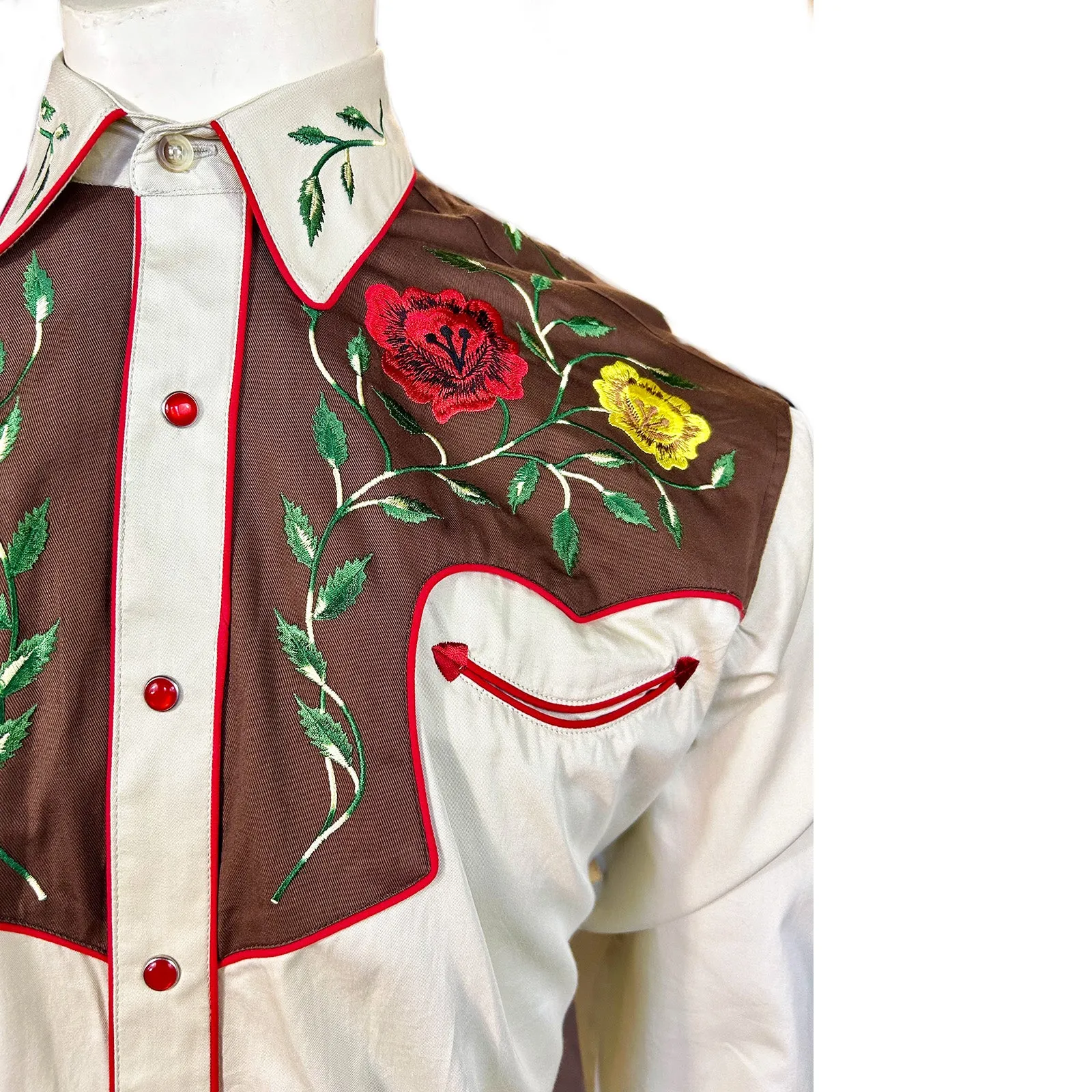 Men's 2-Tone Brown & Tan Floral Embroidery Western Shirt