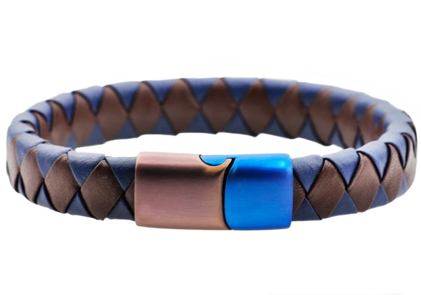 Mens Brown And Blue Leather Brown And Blue Stainless Steel Bracelet