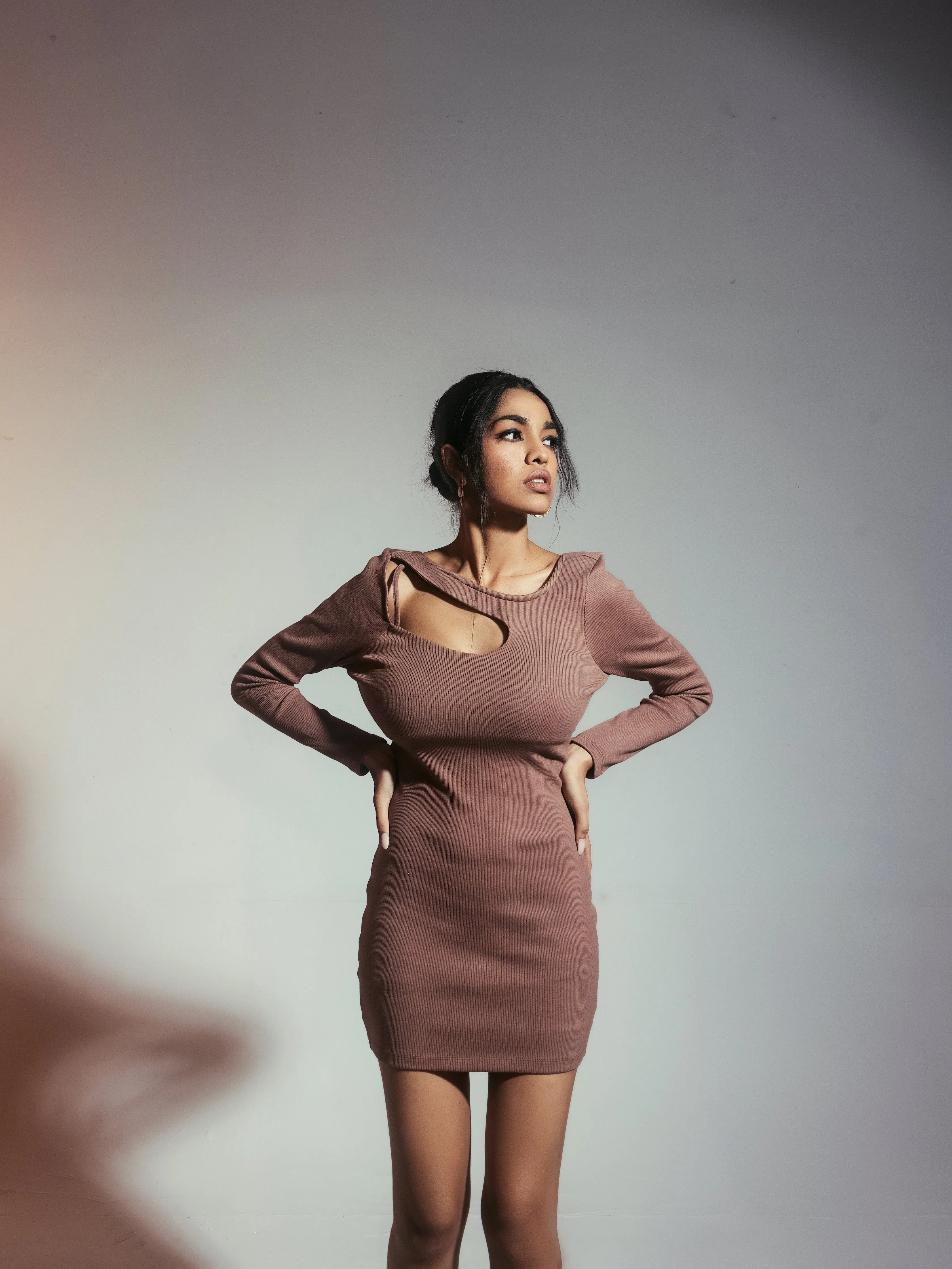 Nieve Brown Rib Cutout Mini Dress