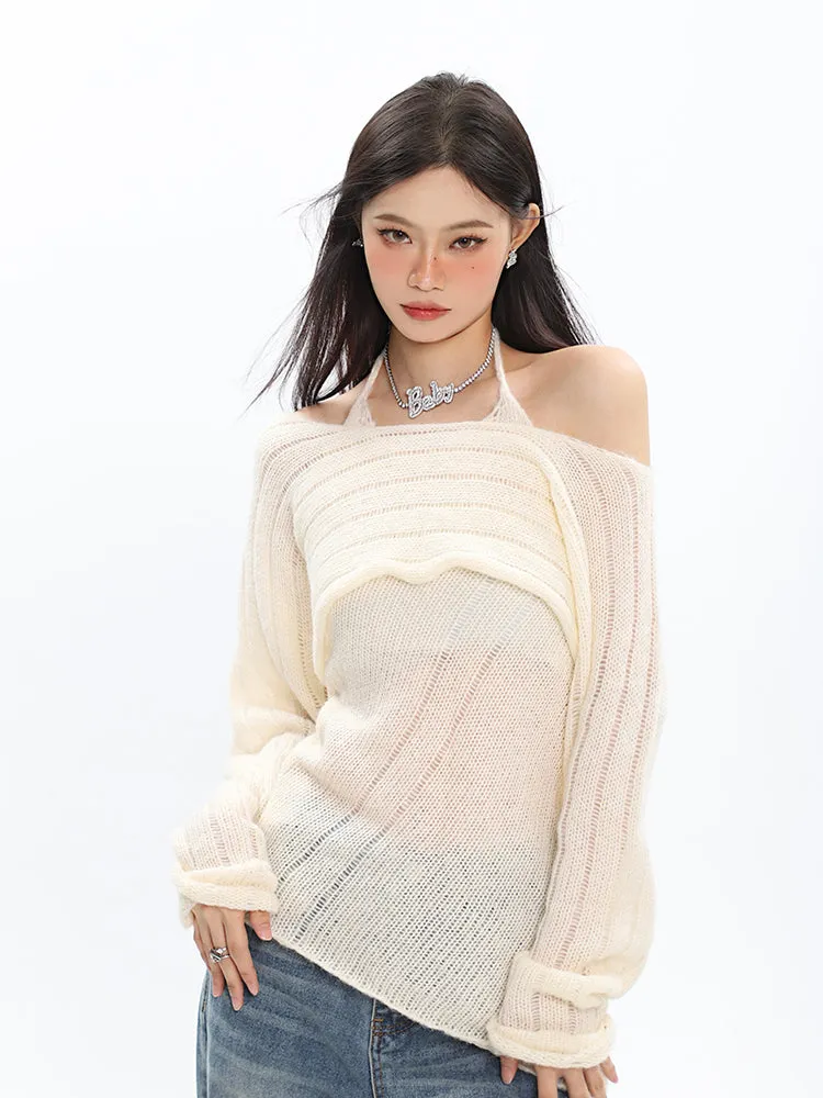 Off Shoulder Layered Knit Halter Top